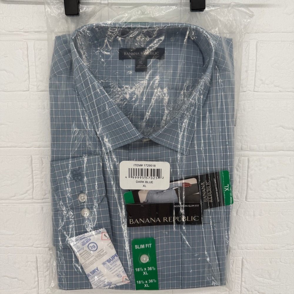 Banana Republic Dress Shirt Mens XL Dark Blue Non-Iron Slim Fit Windowpane Check